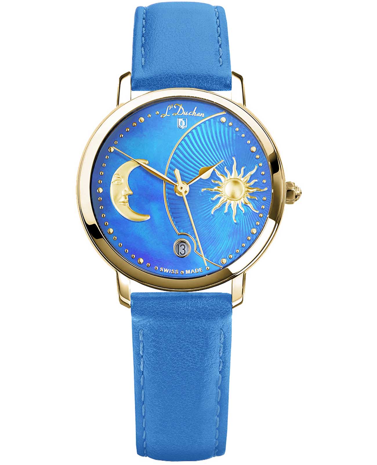 L'Duchen L'Duchen Day & Night D 781.28.32  D 781.28.32 кварцевые женские часы голубой циферблат, браслет кожаный — вид спереди